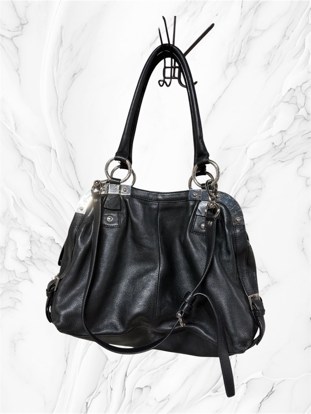 B Makowsky Black Leather Shoulder Bag purse with Silver Accents